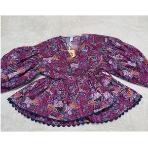 NWT Kika Vargas Purple Multicolor Bohemian Puffy Sleeve Scallop Wrap Top Smalll